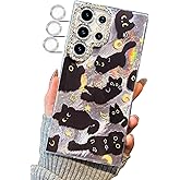 buccilly Compact Case for Samsung Galaxy S22 Ultra Black cat-Silver Design,Cute Trendy Soft Slim TPU Shockproof Protective Bumper Phone Cases Cover for Women Girls Aesthetic Glitter Shiny Adorable
