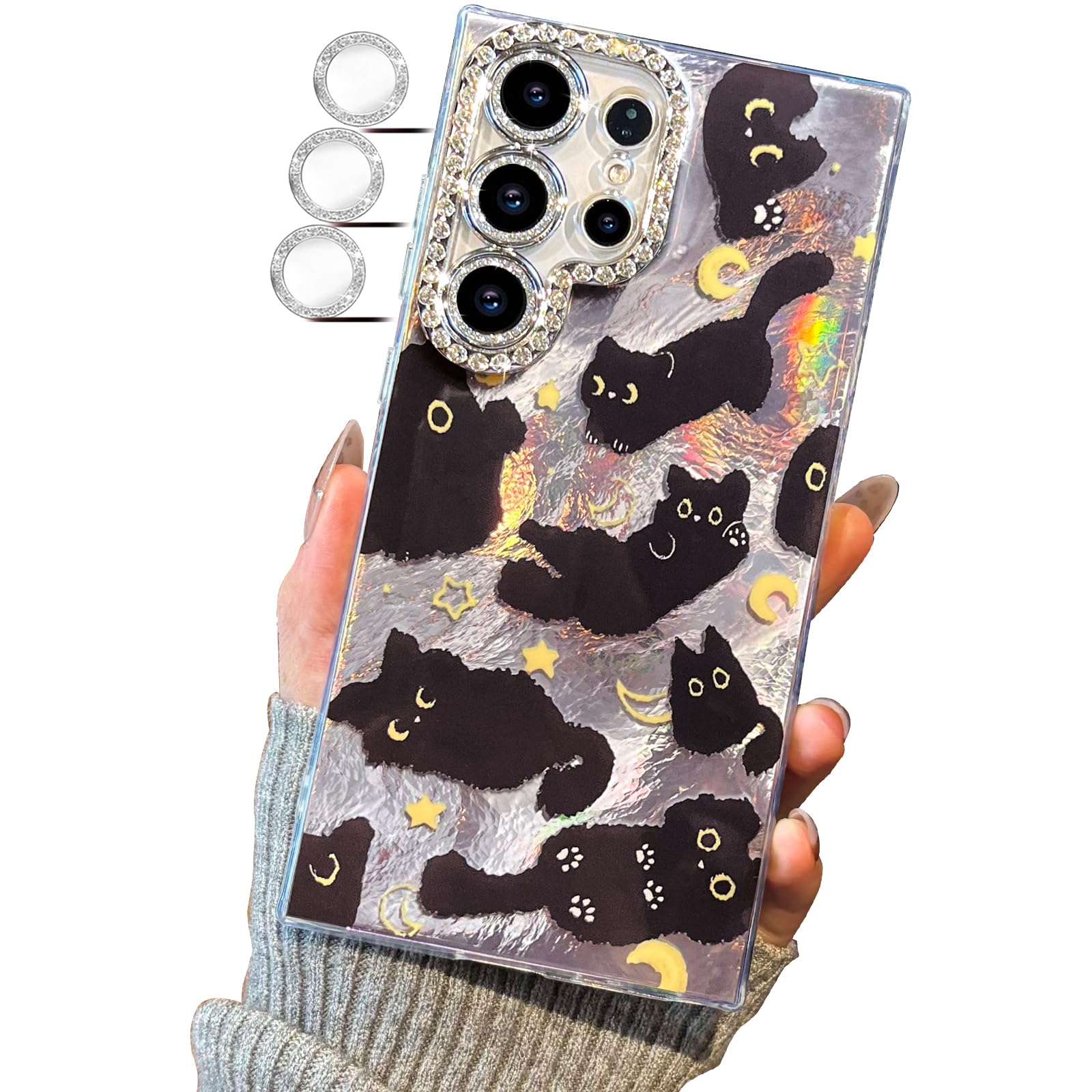 buccilly Compact Case for Samsung Galaxy S22 Ultra Black cat-Silver Design,Cute Trendy Soft Slim TPU Shockproof Protective Bumper Phone Cases Cover for Women Girls Aesthetic Glitter Shiny Adorable