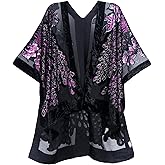 WeHello Women's Burnout Velvet Kimono Long Cardigan Cover Up Casual Outfit Purple-Peacock