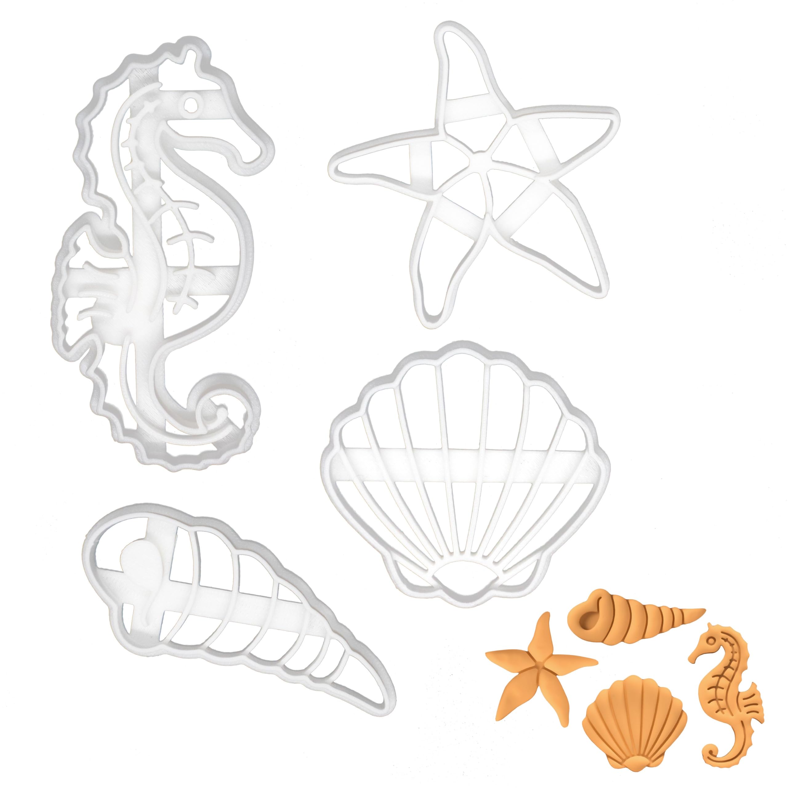 BAKERLOGY Set of 4 Shells Cookie Cutters (Designs: Seashell, Corkscrew, Starfish and Seahorse) - Detailed Biscuit Cutter Design for Baking and Crafts, Ideal on Fondant, Dough, Clay