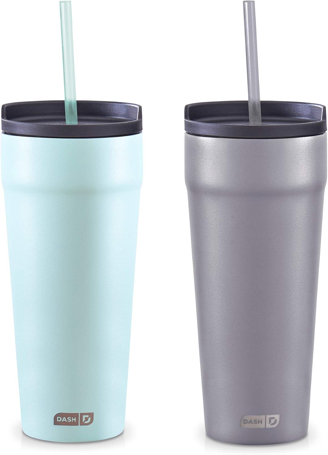 DASH 20oz Tumbler with Spill-Proof Lid and Straw, Stainless Steel Vacuum Insulated Coffee Tumbler Cup, Double Wall Powder Coated Travel Mug (Pack of 2) - Grey/Aqua, DSLT2