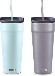 DASH 20oz Tumbler with Spill-Proof Lid and Straw, Stainless Steel Vacuum Insulated Coffee Tumbler Cup, Double Wall Powder Coated Travel Mug (Pack of 2) - Grey/Aqua, DSLT2