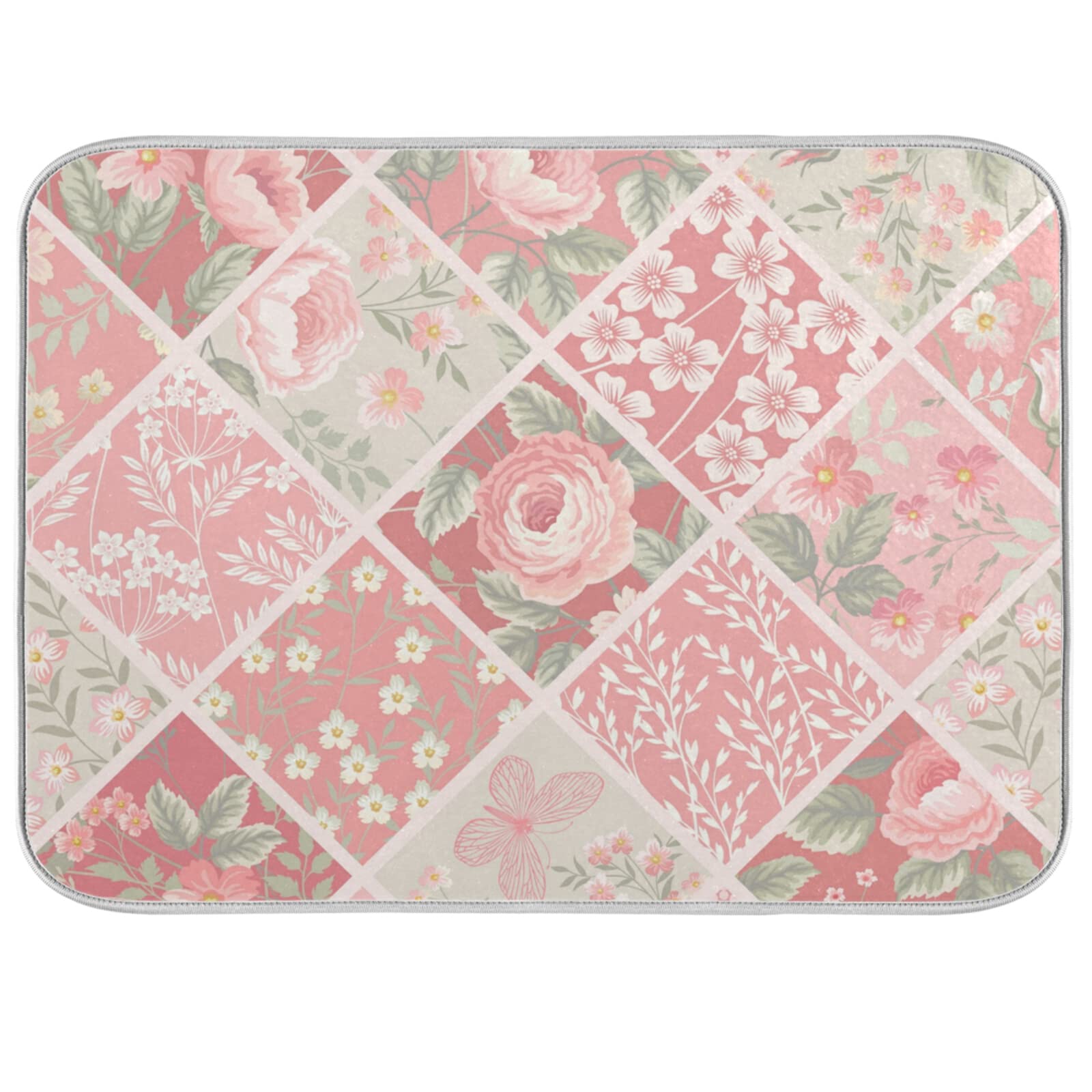 Mnsruu Absorbent Dish Drying Mat Vintage Rustic Floral Dishes Drainer Protector Pad Pot Holder with Hanging Loop for Kitchen Countertops Sinks Refrigerator 45.7 x 60.9 CM