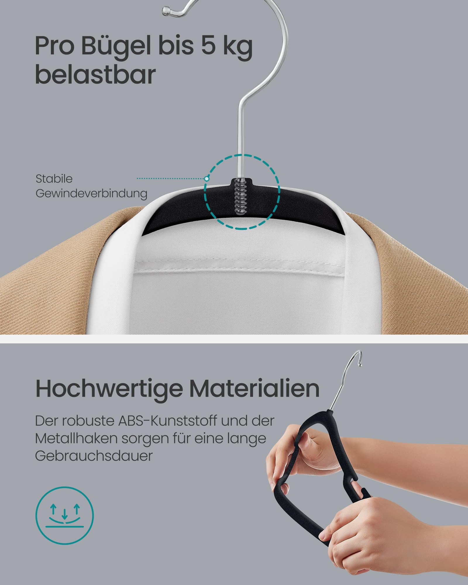 SONGMICS Kleiderbügel Samt, Bügel 50er Set, 43 x 21 cm, Samtbügel rutschfest, breite Schulterkerben, Stange für Hosen, 360° drehbarer Haken, platzsparend, für Garderobe, tintenschwarz CRF039B03 6