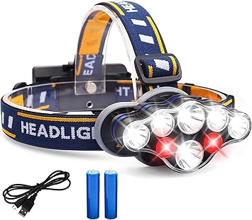 Amazon 8灯 Ledヘッドライト Usb充電式 型バッテリー２本付き 高輝度smd Cob 明るさ8000ルーメン 照射距離300メートル 1500mah 実用点灯８時間 赤 白ledライト 90度調整可能 8つ点灯モード Sosフラッシュ機能 後部認識灯 Ipx6防水 登山 キャンプ サイクリング