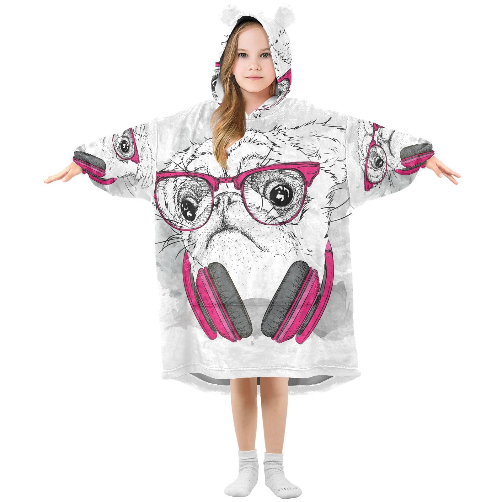 Oversized Blanket Hoodie for Kids Adult Girls Boys, Fleece Hoodie Blanket Illustration Fashion Pug Dog Super Warm Plush Wearable Blanket Hoodie Sweatshirt with Roomy Pocket, Large