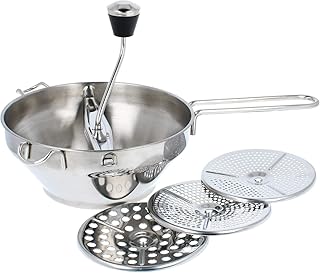 com-four® Passiermühle aus Edelstahl - Flotte Lotte mit 3 verschiedenen Einsätzen - Passiergerät zum Passieren, Pürieren und Entsaften von Gemüse und Obst