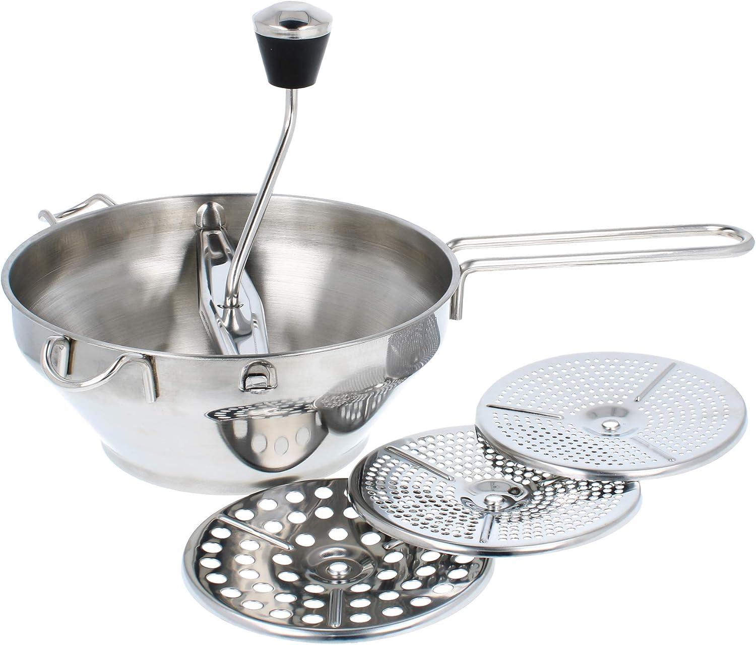 com-four® Passiermühle aus Edelstahl - Flotte Lotte mit 3 verschiedenen Einsätzen - Passiergerät zum Passieren, Pürieren und Entsaften von Gemüse und Obst