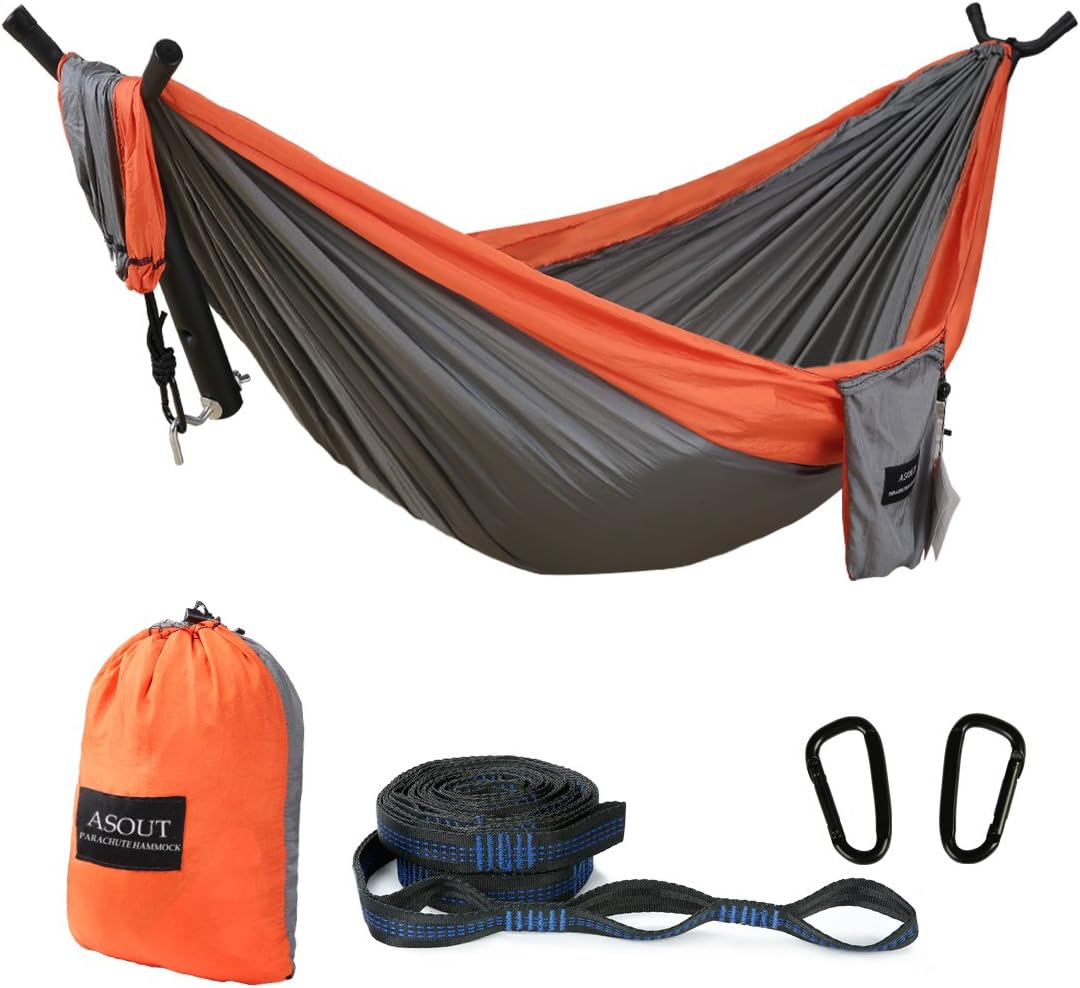 ASOUT Outdoor Single Double Camping Hammock with Tree Straps, Portable Lightweight Parachute Nylon Hammock for Hiking, Backpacking, Picnic,Travel and Other Outdoor Sports