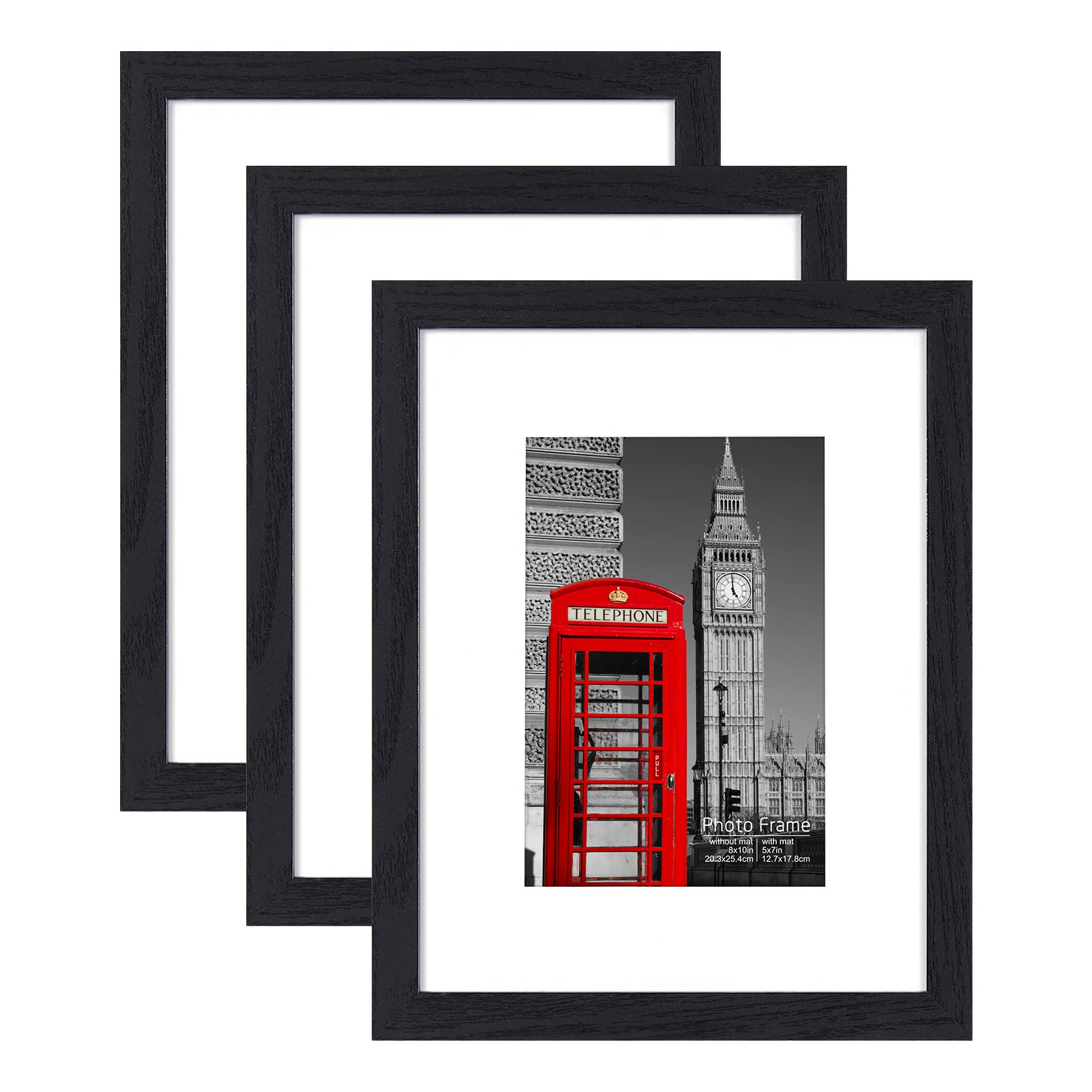 Black 8 x 10 Inch Photo Frames Set of 3 with Mount for 5 x 7''pictures, 10x8'' Wood Picture Frame With Plexi glass Front for Tabletop or Wall Mounted