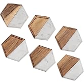 GoCraft Set of 6 Marble & Wood Coasters – Beveled Edge Round Coasters for Drinks – Handmade White Marble with Mango Wood – Durable Drinkware Accessories for Bar, Dining Table & Coffee Station