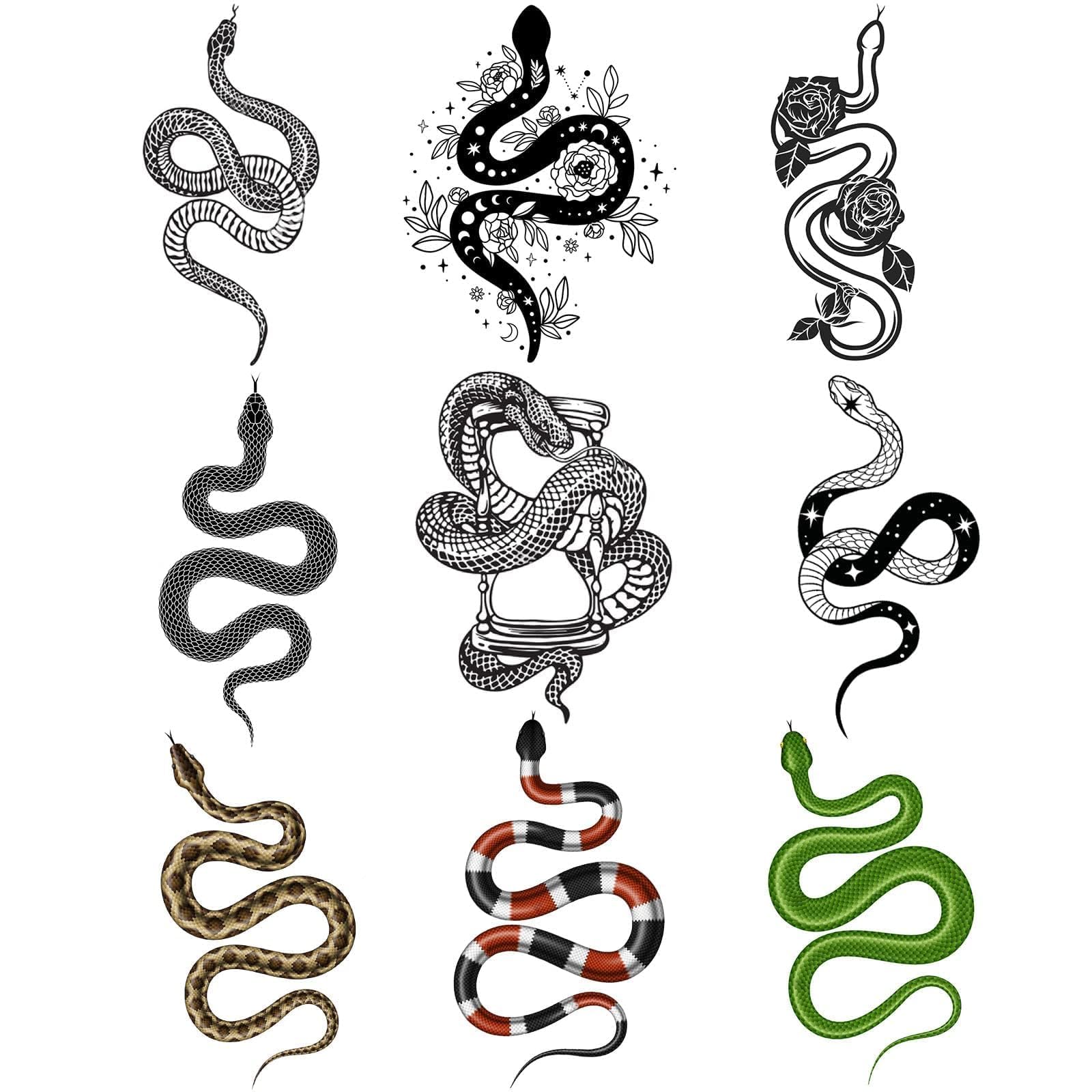 CARGEN Realistic Snake Temporary Tattoos - 3 Sheets 9 Design 3D Snake Stickers Fake Tattoos Snakes for Kids Women Men Adult Green Rose Flower Star Hourglass Body Art Forearm Arm