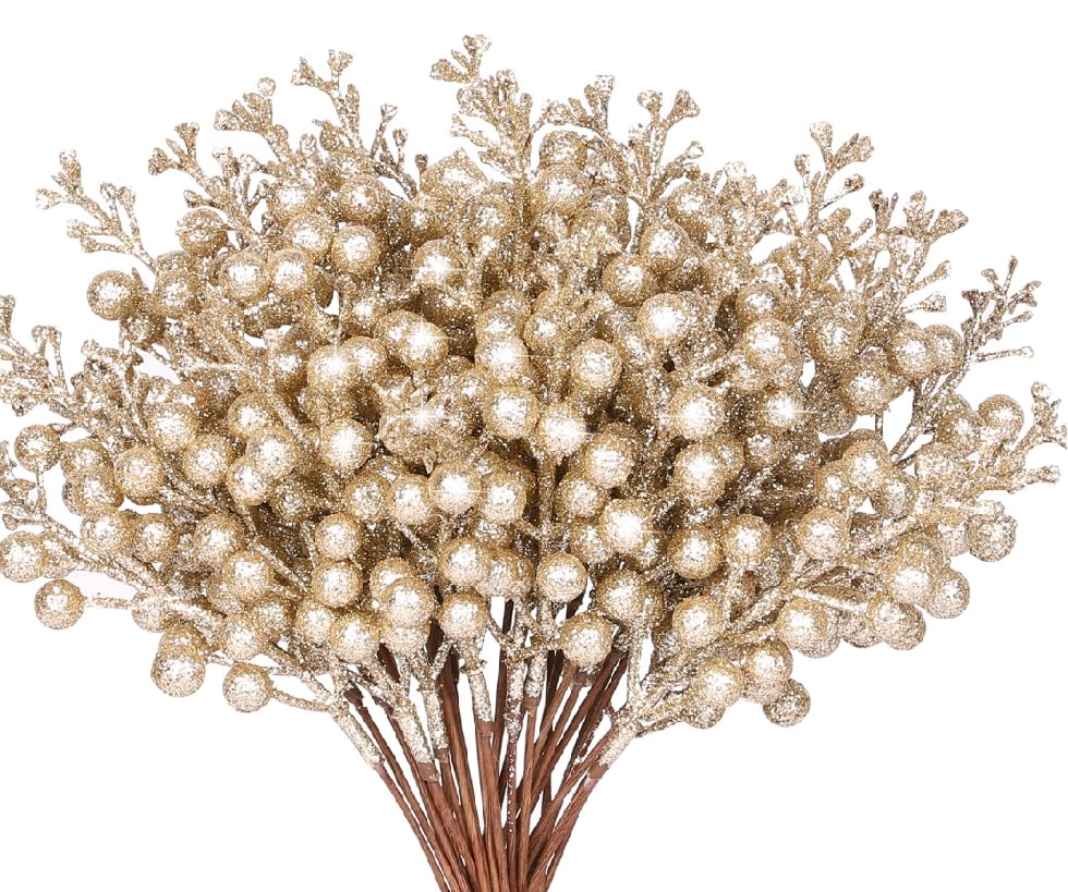 N&T NIETING Christmas Tree Picks, 24 Pcs Artificial Glitter Tree Picks Stems Branches Ornaments, 9.8inch Artificial Holly Berries for Wreath Making Supplies Christmas Tree Decoration, Champagne