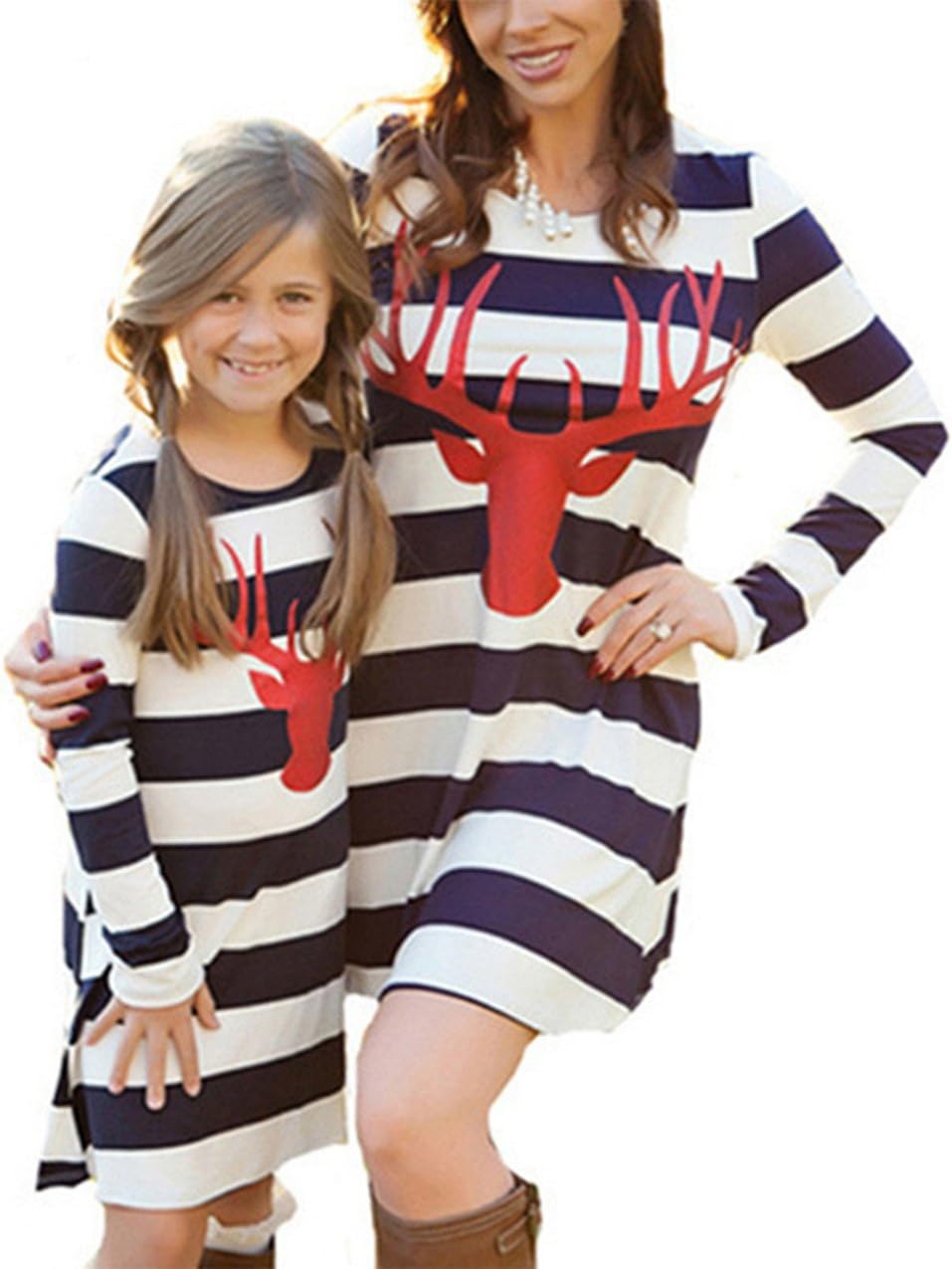 Mommy and Me Fashion Stripe Deer Print Long Sleeve Dress Matching Family Clothes