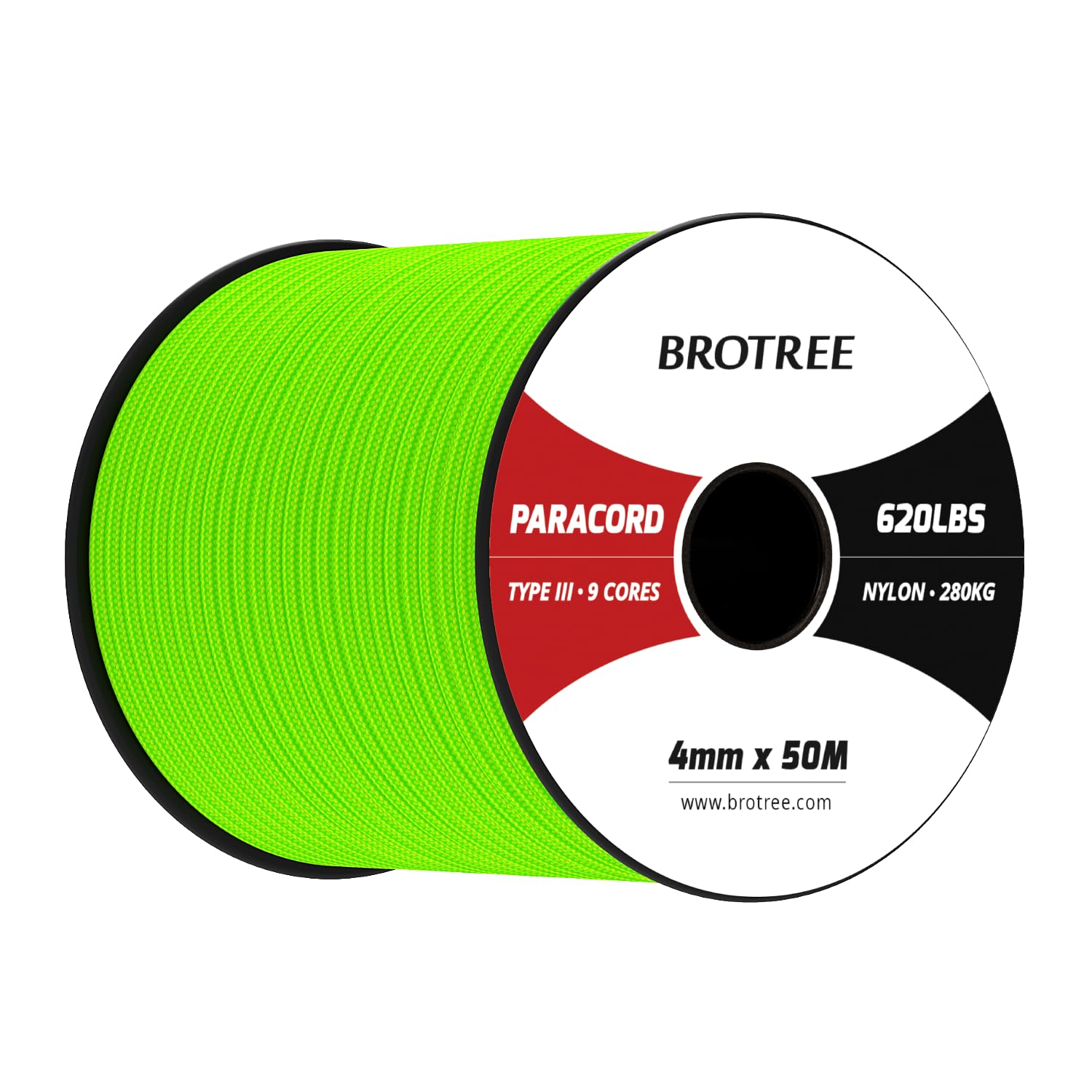 Brotree Paracord 4mm 50M 9 Strands 100% Nylon Rope Type 3 Parachute Cord for Outdoor, Bracelet, DIY - 280kg Breaking Load (Neon Green)