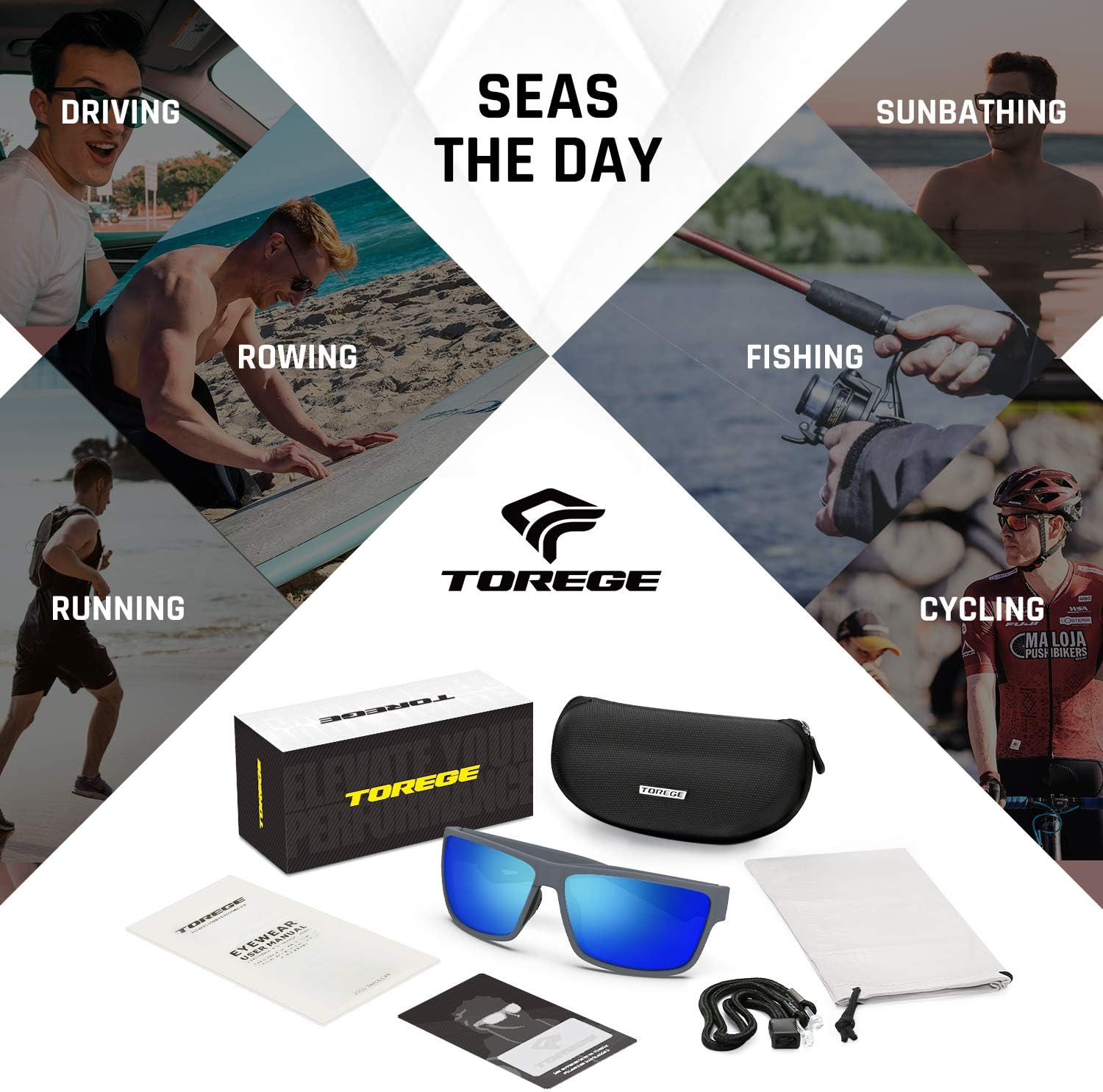 TOREGE Polarized Sports Sunglasses for Men and Women Cycling Running Golf Fishing Sunglasses TR26 (Matte Grey Frame & Ice Blue Lens): Clothing