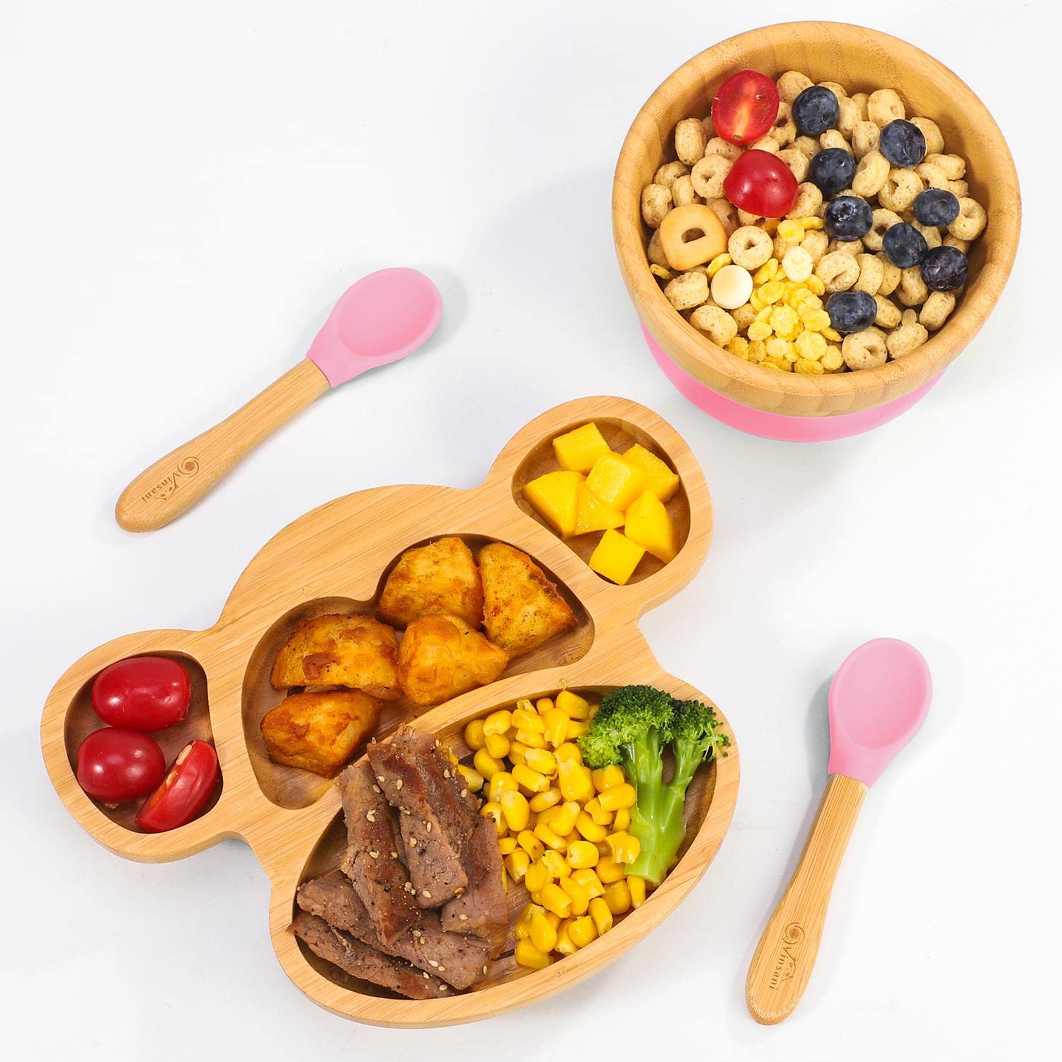 Vinsani Bamboo Monkey Plate Bowl and Spoon Set for Baby Toddler Kids Childen, Suction Plate, Stay-Put Non-Slip Base Design, Hypoallergenic, Food-Grade Silicone and BPA-Free Baby Feeding Set (Pink)