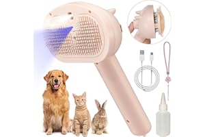 Pet Steam Hair Comb Brush for Shedding, 4 In 1 Spray Brush for Long & Short Haired Cat&Dog, Self-Cleaning Hair Remover with W