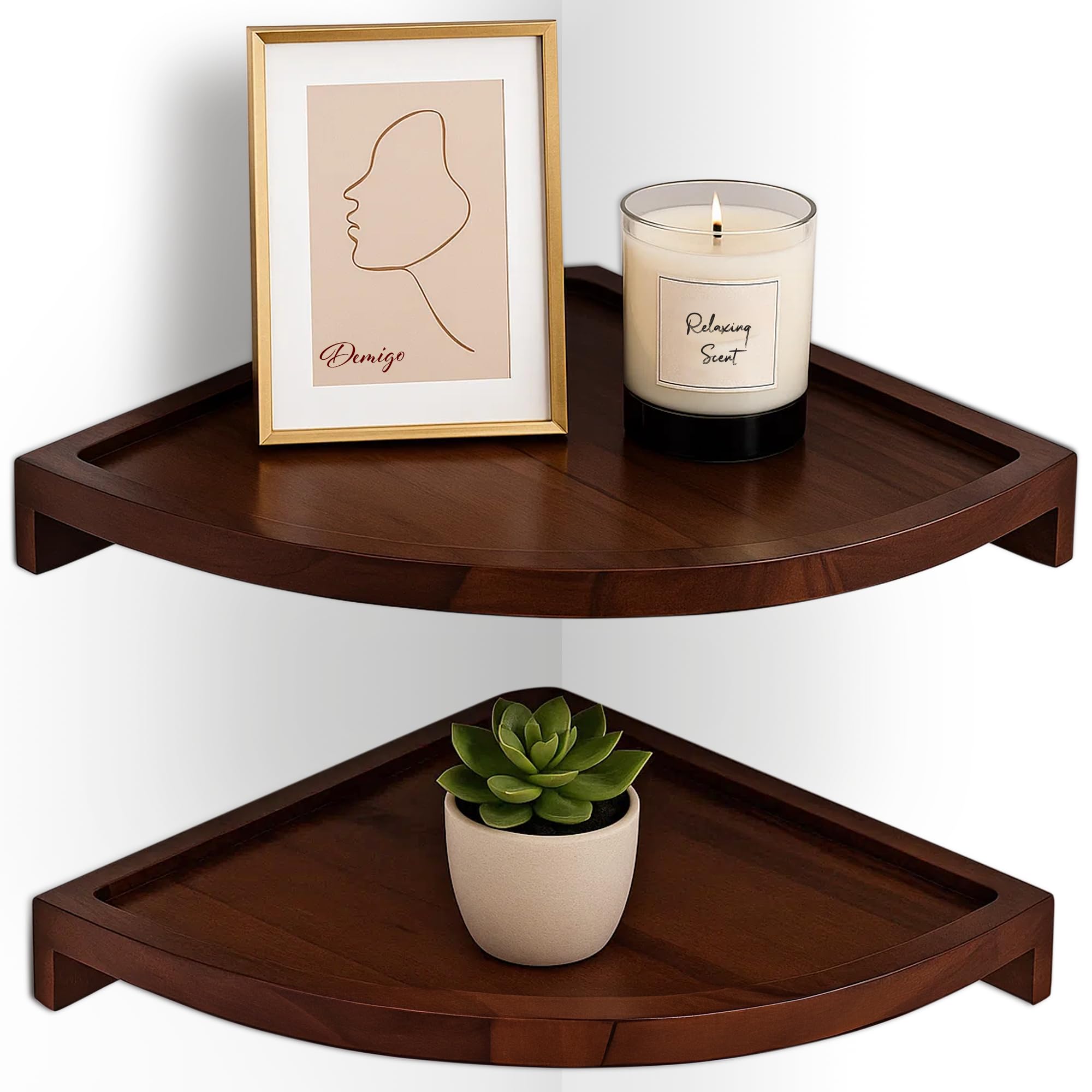 Photo 1 of Demigo Floating Round Corner Shelves for Wall 2pcs, Acacia Wood Wall-Mounted Storage Shelves for Home Decor, Space Saving Displays for Living Room, Kitchen, Office, and Bedroom (Dark Brown)