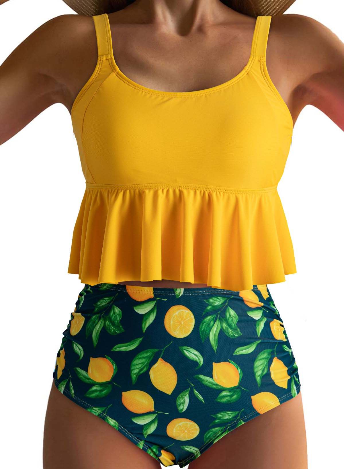 Dokotoo Bikiniset voor dames, wikkellook, V-hals, badmode, bloemenpatroon, hoge taille, tweedelig badpak, zwempak, A geel, L