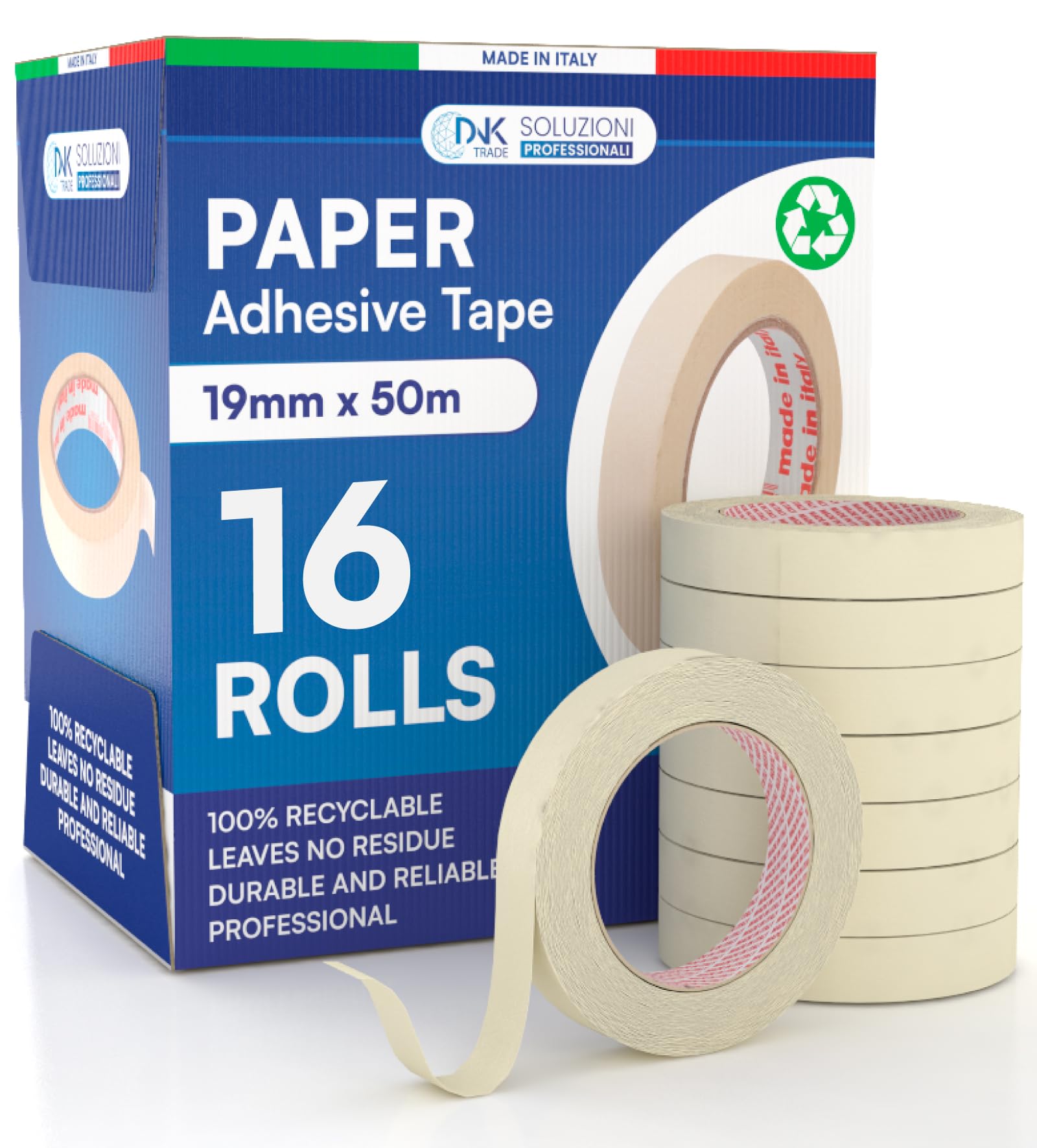 DNK TRADE Paper Tape 19mm x 50m for Painters Professional Recyclable Gummed Paper for Masking Painting and Whitewashing - 16 Rolls