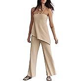 ACCPUR Women Summer Knit Sweater Sets Sexy Tube Top and Loose Pant Lounge Matching Set 2025 2 Piece Outfits Khaki