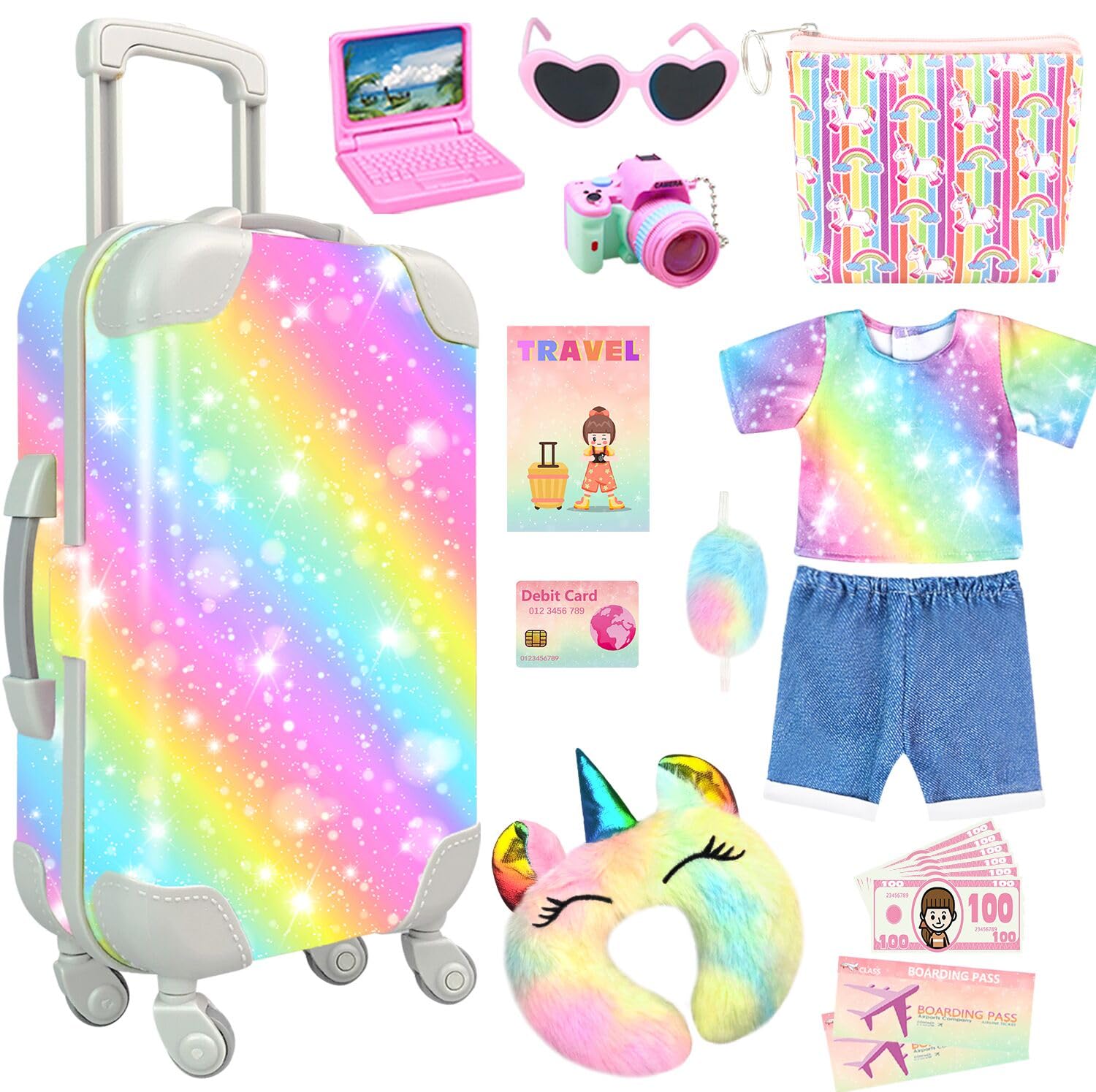 19 Pcs Girl Doll Accessories, 18 Inch Dolls Travel Case Luggage Play Set with Dolls Bag, Clothes, Pillow, Sunglasses, Camera Stuff Fit 18 Inch Doll Gifts for Girls Age 3+ Christmas Birthday
