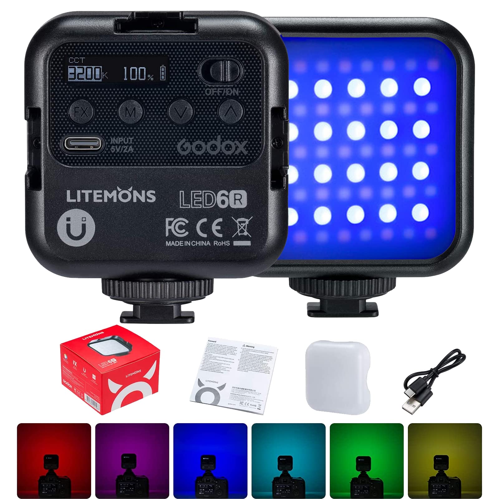 Godox LITEMONS LED6R RGB LED Video Light CRI95 3200K-6500K Dimmable, 13 FX Effects, 1800mAh Rechargeable Mini Panel Light with 3 Cold Shoe Mounts for Selfie Vlog Live Streaming Photography