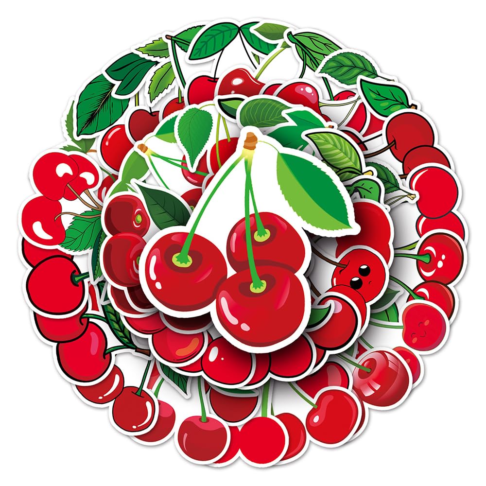 Red Cherry Vinyl Stickers, 50 PCS Waterproof Cartoon Fruit Decals for Laptops, Scrapbooking, Journals, Notebooks, Water Bottles, Suitcases, Phones & DIY Decor