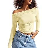 SUUKSESS Women Off Shoulder Long Sleeve Shirts Double Lined Fitted Crop Tops