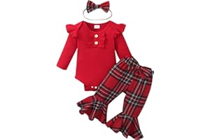 Kuriozud Newborn Baby Girl Bell Bottom Outfit Ruffle Romper Cute Bow Flare Pants Set Headband Cute Clothes