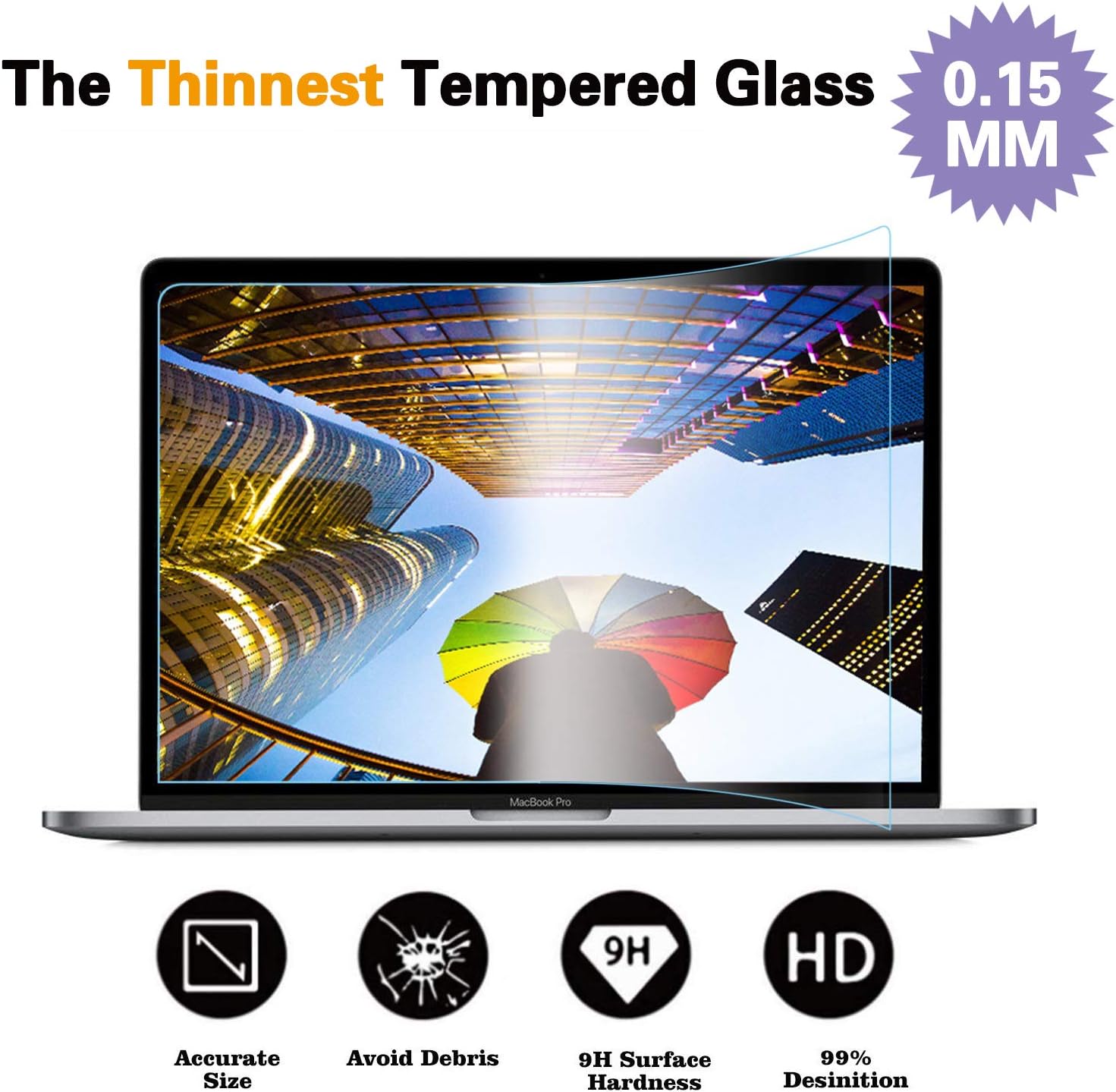 Glass Screen Protector Compatible MacBook Pro 15 Inch Model A1707,9H Hardness with Ultra thin 0.15mm Thickness