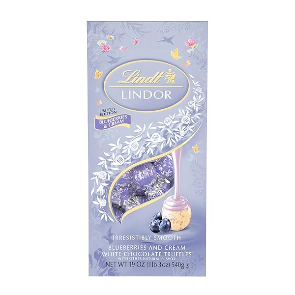 LINDT LINDOR BLUEBERRIES & CREAM WHITE CHOCOLATE TRUFFLES, WHITE CHOCOLATE EASTER CANDY WITH BLUEBERRIES AND CREAM TRUFFLE FILLING, 19 OZ. BAG