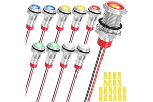 MKBKLLJY 10Pcs 8mm AC/DC12-24V LED Metal Indicator Light Waterproof Signal Lamp 5Color(Red/Yellow/Blue/Green/White) with 150mm Cable Length Metal LED Indicator Light and Wiring Cap