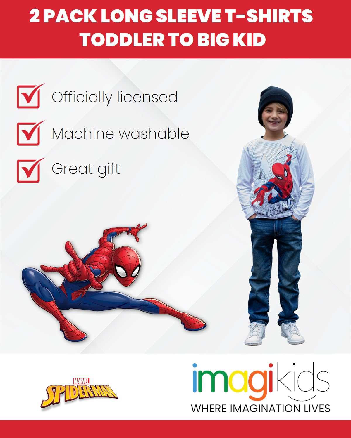 Marvel Spider-Man 2 Pack Long Sleeve T-Shirts Toddler to Big Kid Sizes (2T - 10-12)