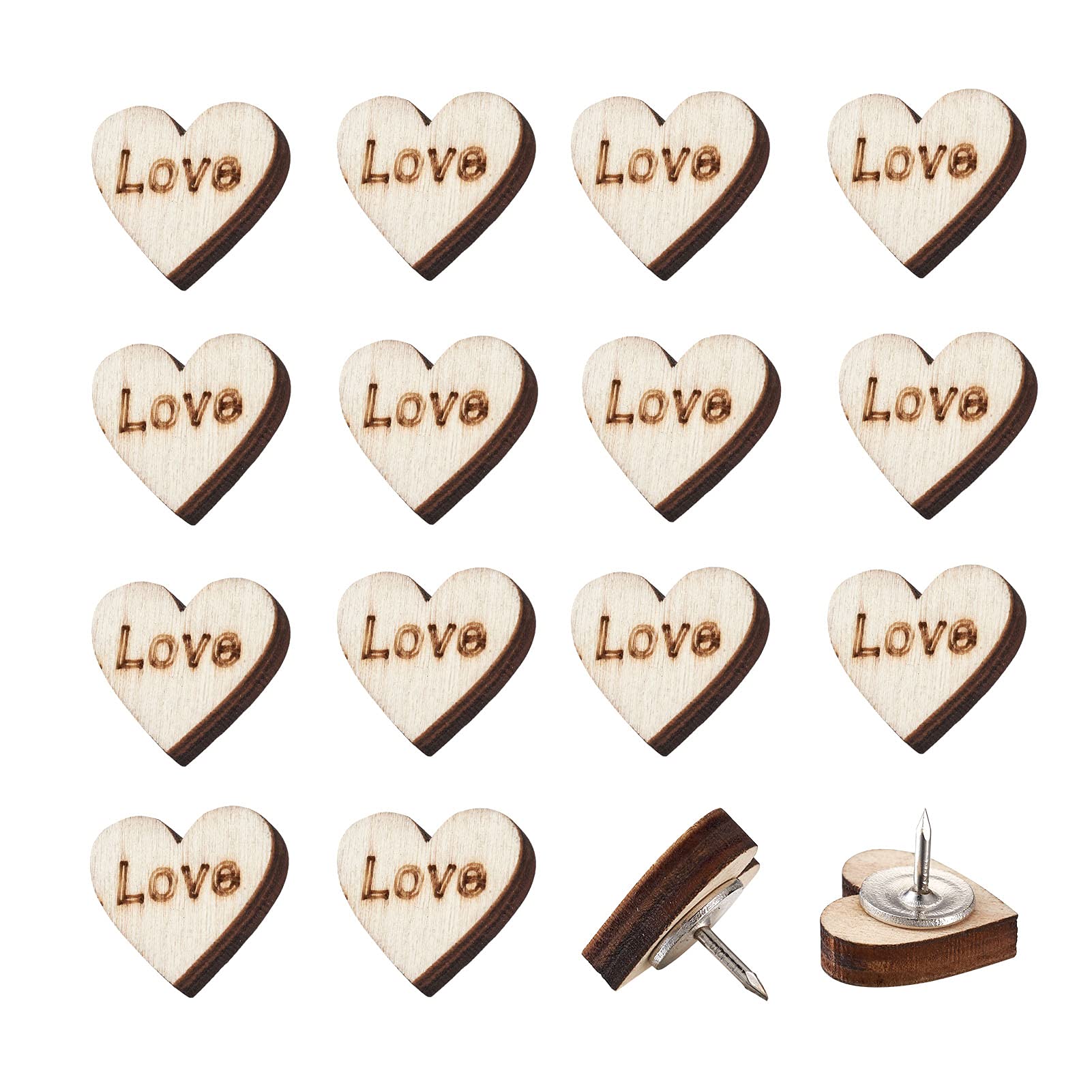 PandaHall 40pcs Wood Push Pins Decorative Thumb Tacks with Word Love 19.5x18.5mm Heart Drawing Pins for Cork Boards Maps Photos Wall Bulletin Board