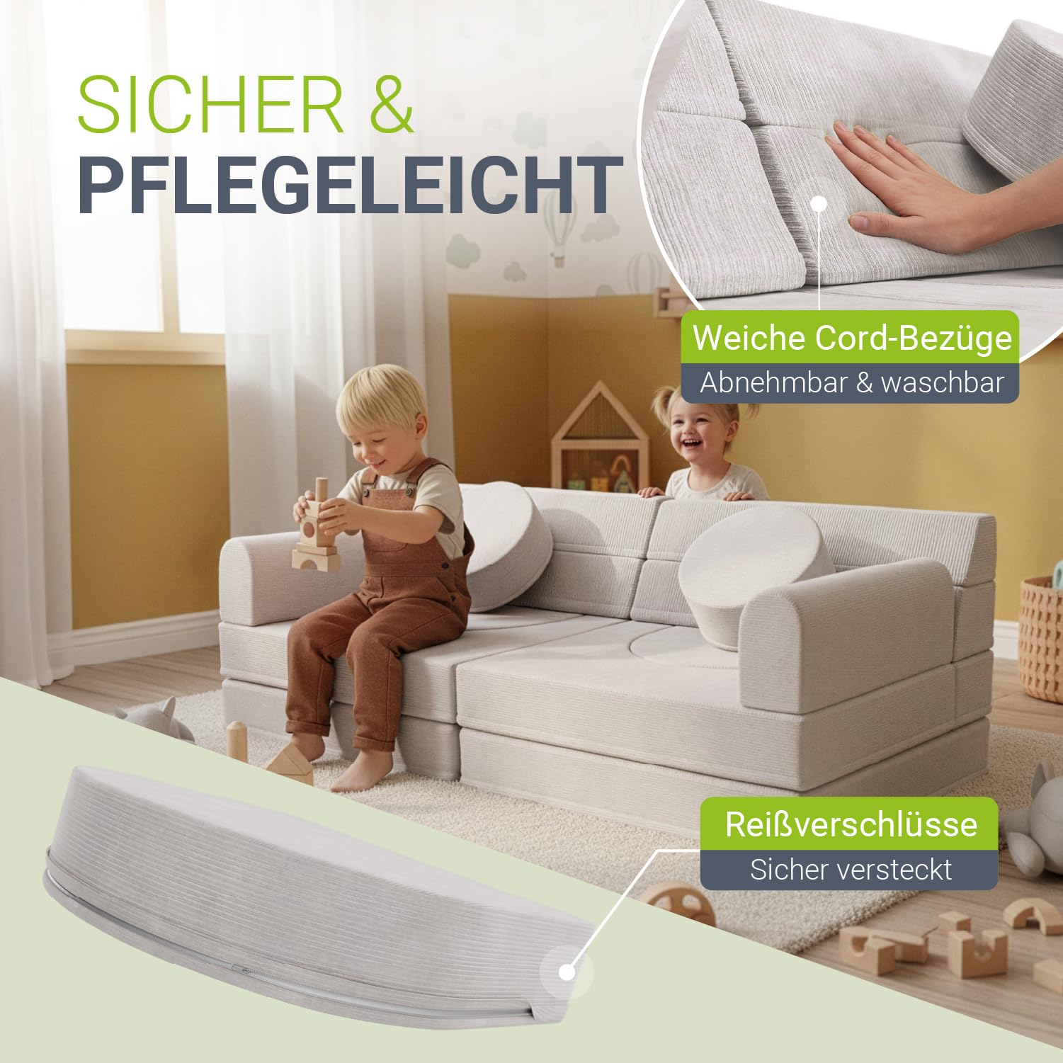 Juskys® Kindersofa Kayo – Cord, modular & weich, Sofa für Kinderzimmer & Spielzimmer, sicher, flexibel, pflegeleicht, mit abnehmbaren Bezügen – Beige 5