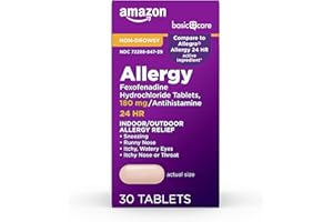 Amazon Basic Care All Day Allergy Relief, Fexofenadine Hydrochloride Tablets, 180 mg, Antihistamine, Non-Drowsy, 24-Hour Relief, 30 Count