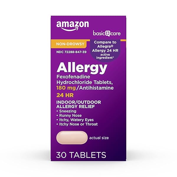 AMAZON BASIC CARE ALL DAY ALLERGY RELIEF, FEXOFENADINE HYDROCHLORIDE TABLETS, 180 MG, ANTIHISTAMINE, NON-DROWSY, 24-HOUR RELIEF, INDOOR & OUTDOOR ALLERGY, 30 COUNT