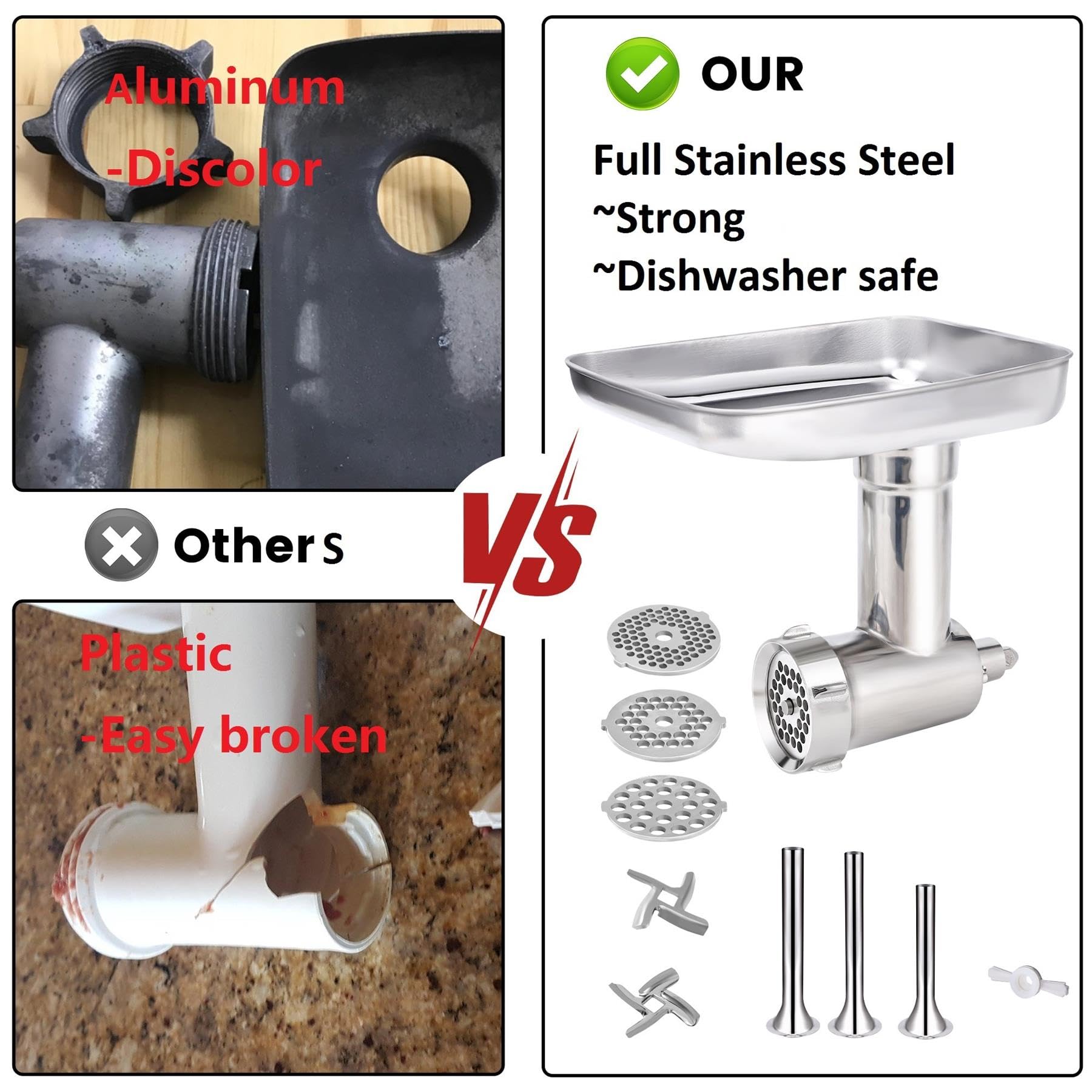 FavorKit Stainless Steel Food Grinder Attachment for KitchenAid Mixers, Dishwasher Safe Meat Processor Aceesory Included 3 Sausage Stuffer Tubes