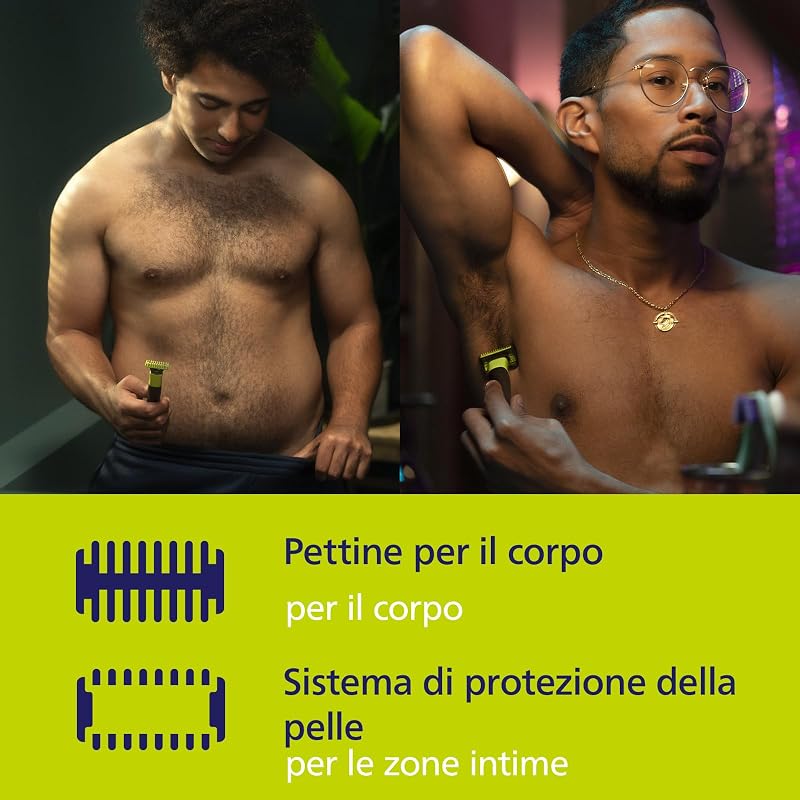 OneBlade 360 Face + Body, Autentico regolabarba elettrico, rasoio e spazzola con tecnologia a 360, 1x lame 360, 1x pettine regolabile 5 in 1, 1x kit per il corpo, (modello QP4631/30)