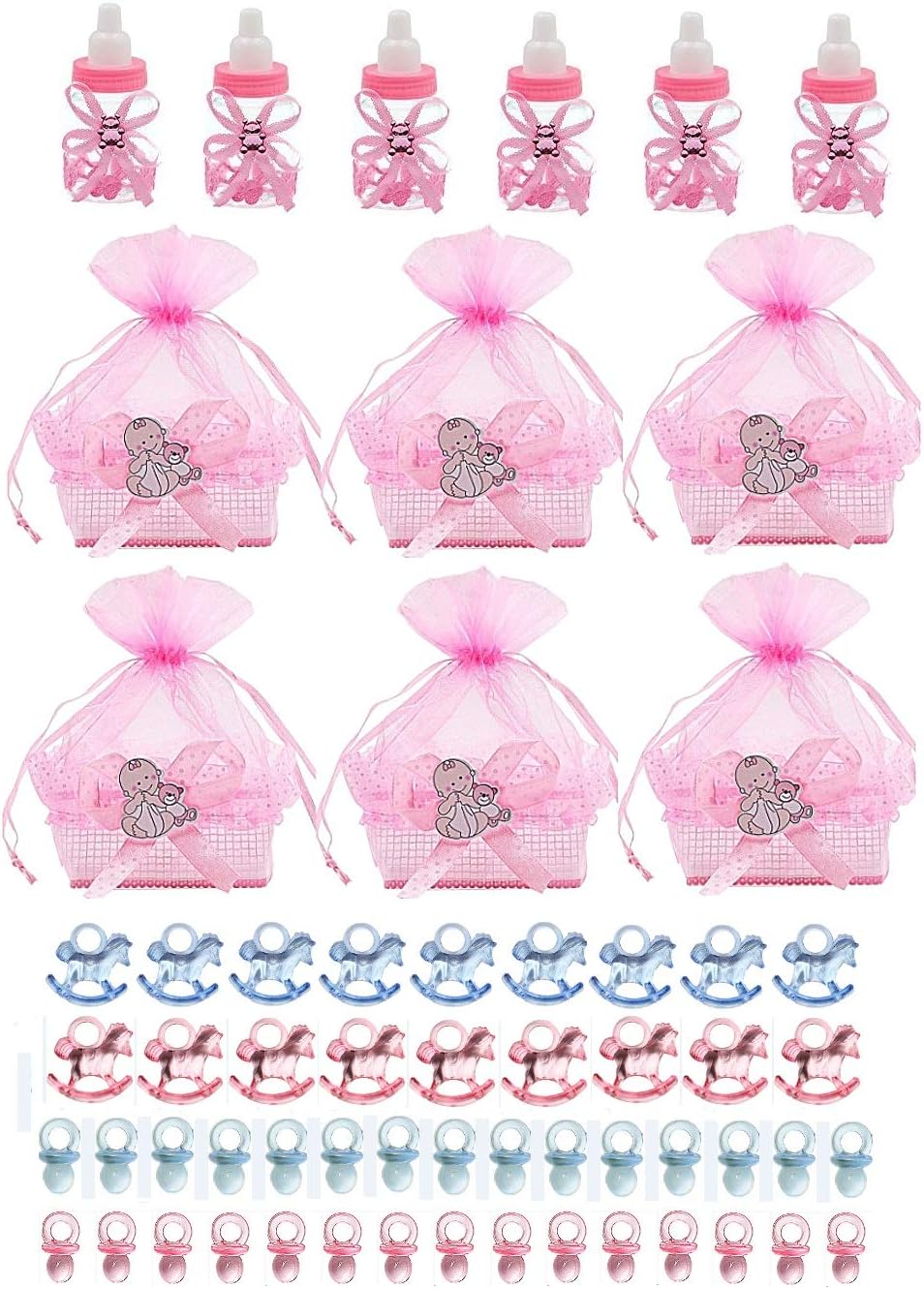 6pcs Baby shower Candy bottles and 6pcs Organza candy basket and 48 Pieces Mini Acrylic Pacifiers for Baby Shower Favors (yakeli-1)