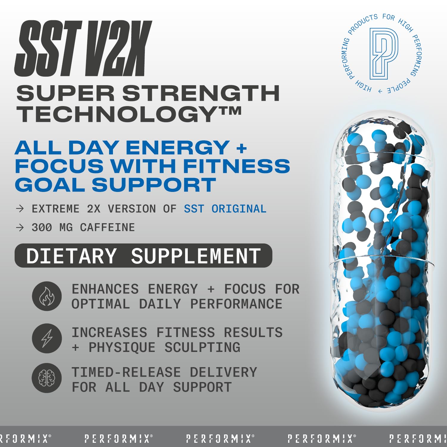 PERFORMIX - SST V2X - Pre Workout - 300 mg Caffeine - Energy Supplements - No Crash - Thermogenic - Nootropic - Timed-Release for All Day Focus, Mood & Energy Boost - Men & Women - 120 Capsules