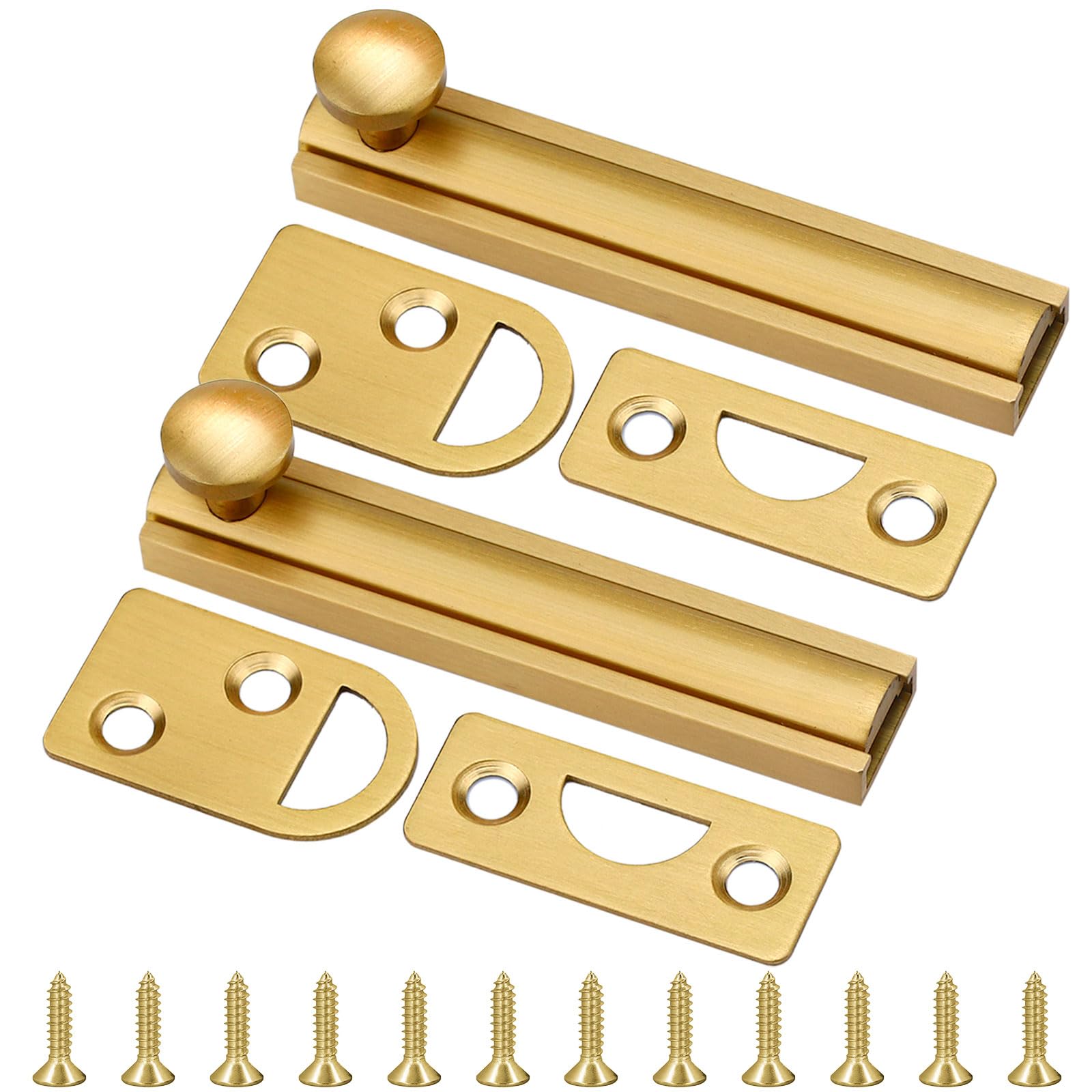 2 Pcs 3 Inch Solid Brass Surface Bolt, 90/180 Degree Concealed Slide Bolt Latch Lock, Anti-Theft Door Slide Bolt for Small Cabinet Doors (Gold)