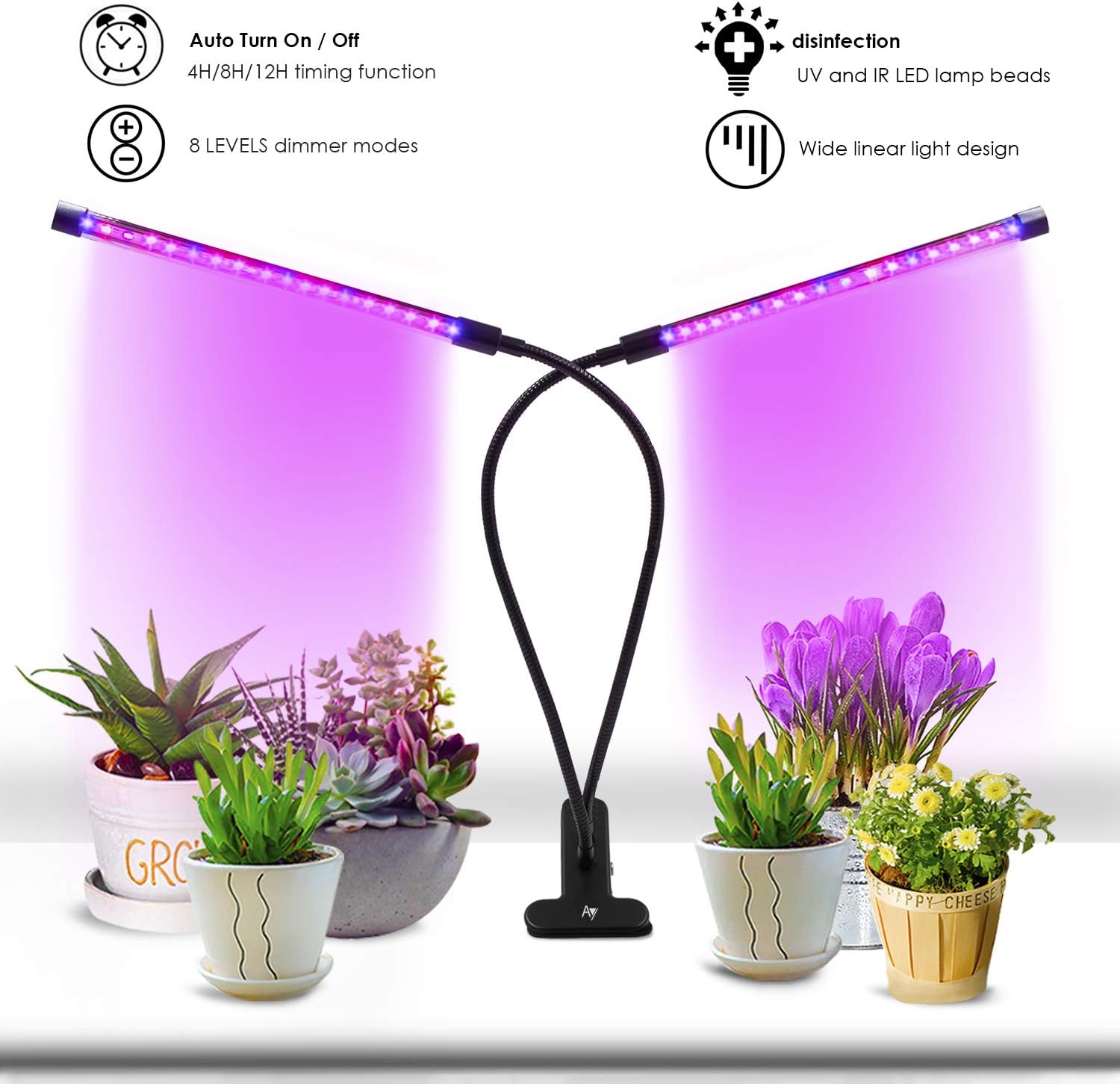 Grow Light Plant Light 18W Timing Function Dual Head 3 Modes Timer 4H/8H/12H Dimmable 8 Levels with 360 Degree Flexible Gooseneck LED Plant Growing Lamp, Enhance Indoor Plant Photosynthesis by AYIPE