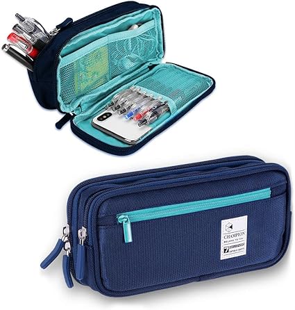 Amazon ペンケース 筆箱 大容量 筆ポーチ 帆布 Akura シンプル 多機能 学生用 社会人用 文房具 ダブルジッパー 内蔵ポケット付き ブルー ペンケース 文房具 オフィス用品