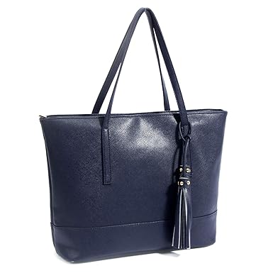 MICOM Women Large Tote Bags - Tassels Purse Vegan Leather Top Handle Satchel Handbags, Striped Bottom (Navy Blue)