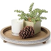 Bamboo Land- Round Decorative Trays for Coffee Table, 12", Warm Brown, Wood Tripod & Beaded Design, Wooden Round Tray for Coffee Table