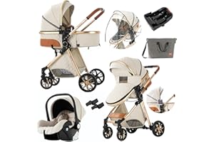 SUPPERBEBE 3 in 1 Baby Travel System Convertible Reversible Baby Stroller Portable Pushchair Infant Standard Pram Foldable Baby Carriage Luxury High Landscape Buggy for Newborn (UDV9-WHITE with Base)