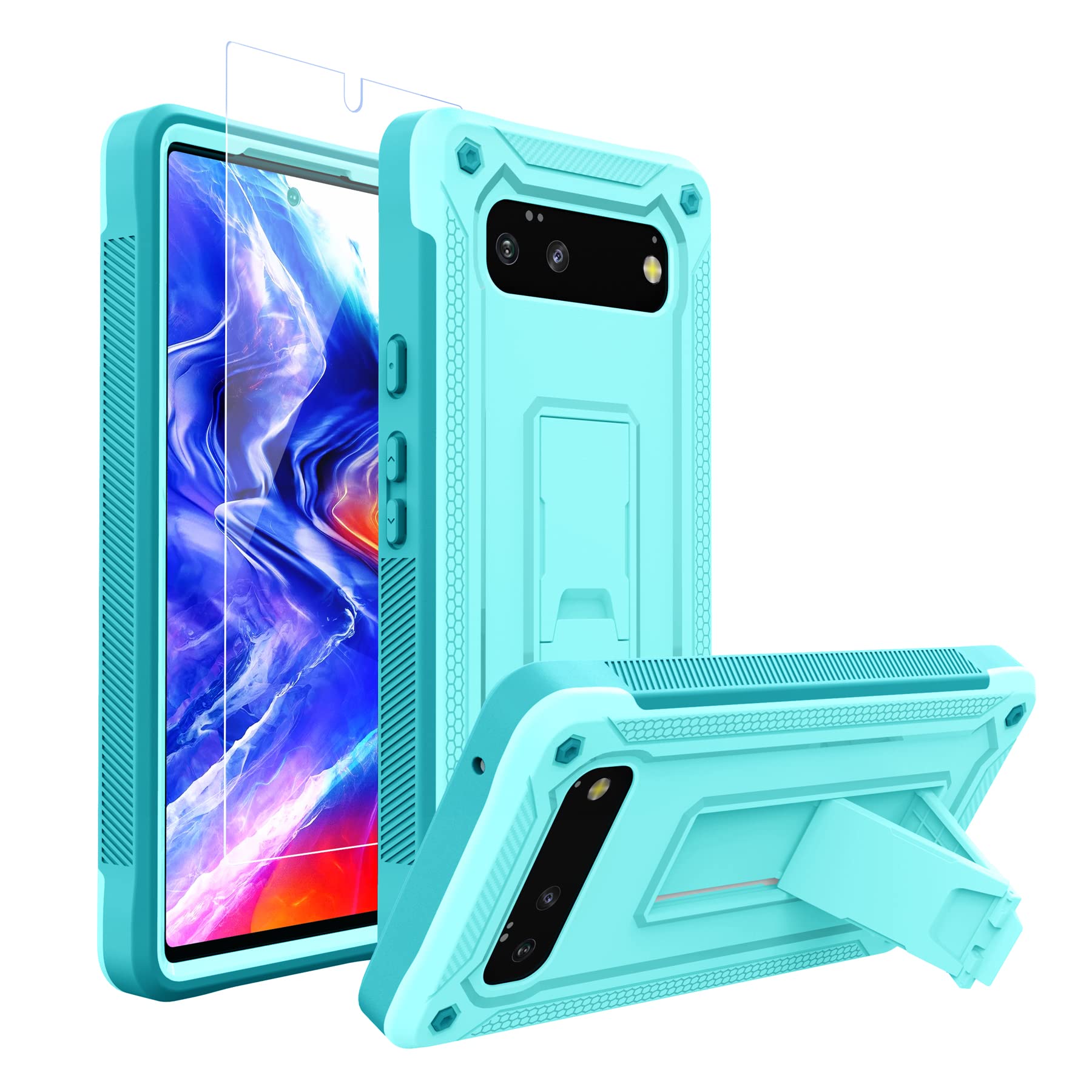 Photo 1 of URBANITE for Google Pixel 6 Case 6.4 Inch, Military Grade Dual Layer Shockproof Protective Cover Case with Kickstand and Tempered Glass Screen Protector (Sky Blue)